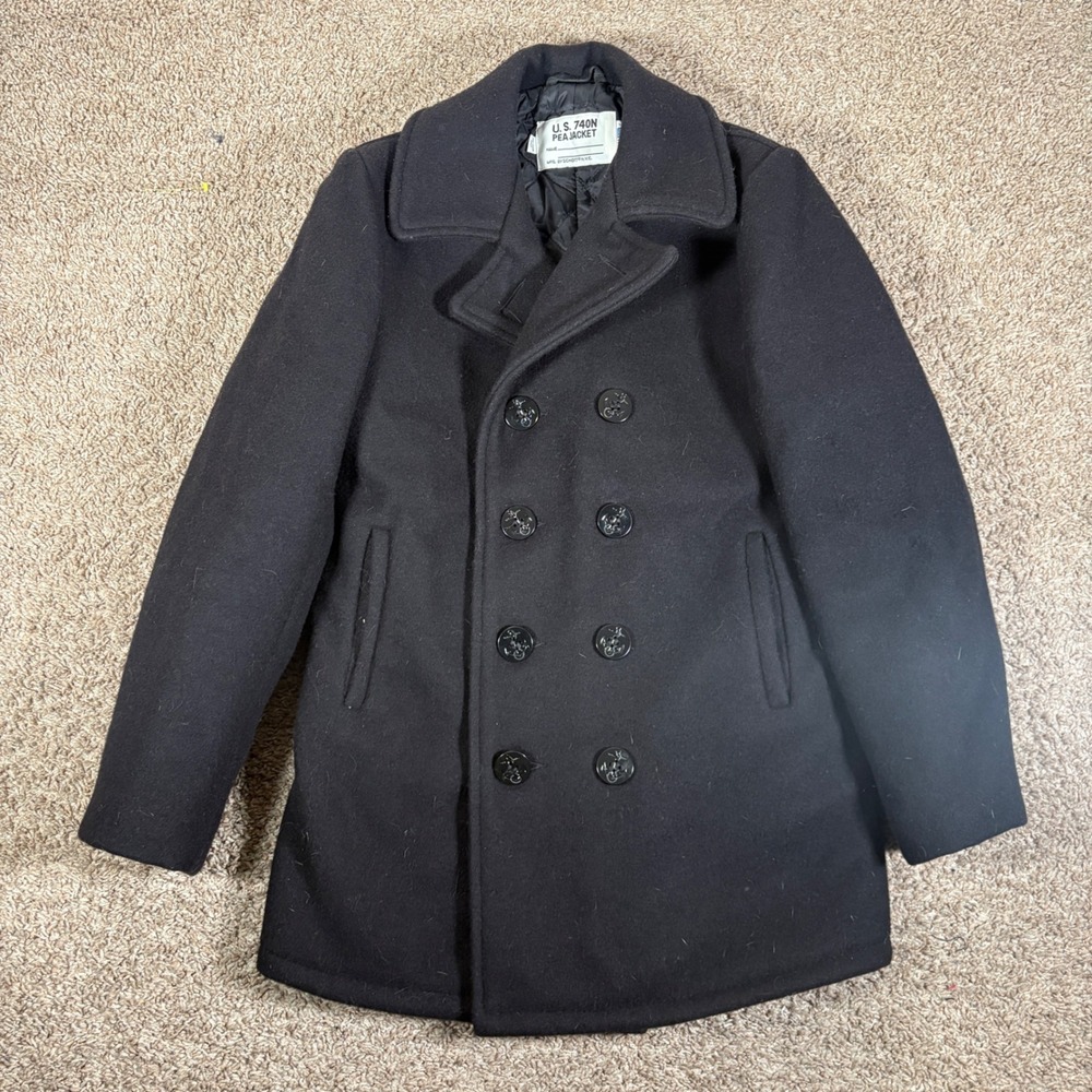 Schott NYC 740N Wool Double Breasted Peacoat Black Mens 36 Made in USA